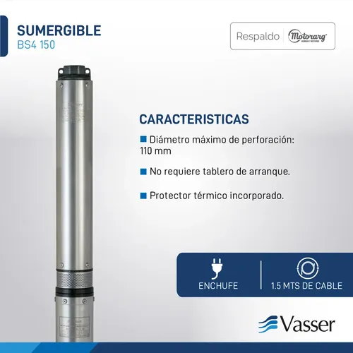 Bomba Sumergible Pozo 4 Pulgadas Vasser Motorarg BS4 1,5 hp