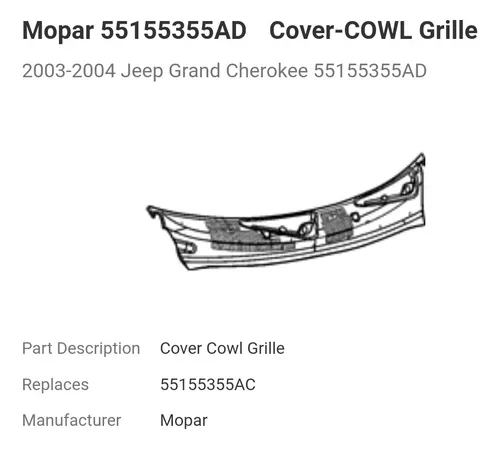 Rejilla Bajo Parabrisas Jeep Grand Cherokee 03 04 Orig Mopar