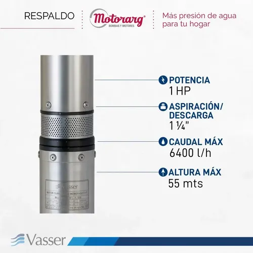 Bomba Sumergible De Pozo Vasser 1 Hp 55 Mts BS4-100-2A