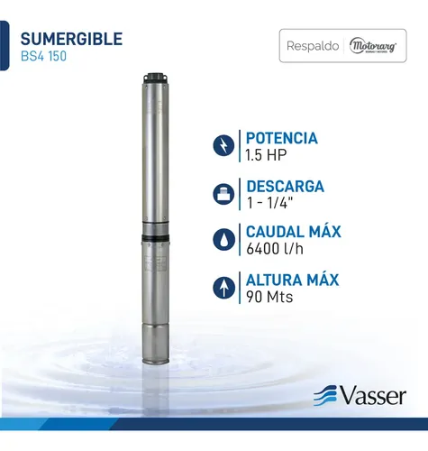 Bomba Sumergible Pozo 4 Pulgadas Vasser Motorarg BS4 1,5 hp